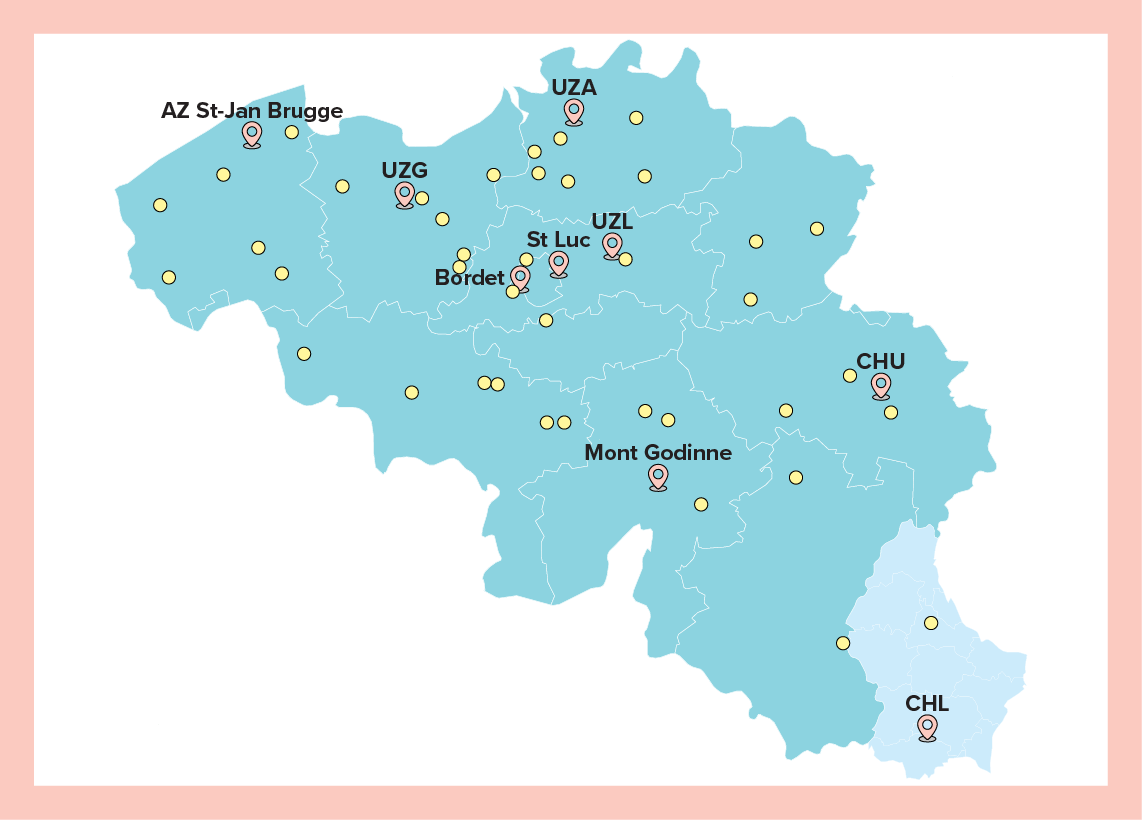 Afbeelding van een kaart van referentiecentra en CAR T-behandelcentra in België